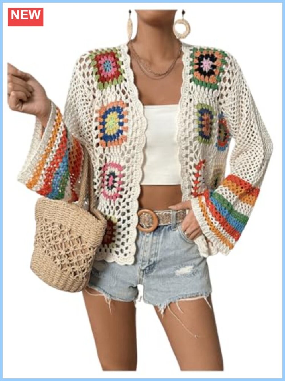 Women Floral Crochet Cardigan Open Front Long Sleeve Loose Knit Sweater